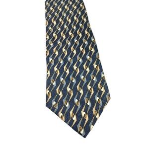 Men's Palatina Vintage Geometric Abstract Silk Tie Navy Blue Gold Necktie 58x3.8